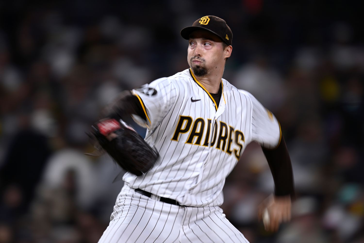 Sep 19, 2023; San Diego, California, USA; San Diego Padres starting pitcher Blake Snell (4) throws a pitch against the Colorado Rockies during the fifth inning at Petco Park. Mandatory Credit: Orlando Ramirez-USA TODAY Sports  